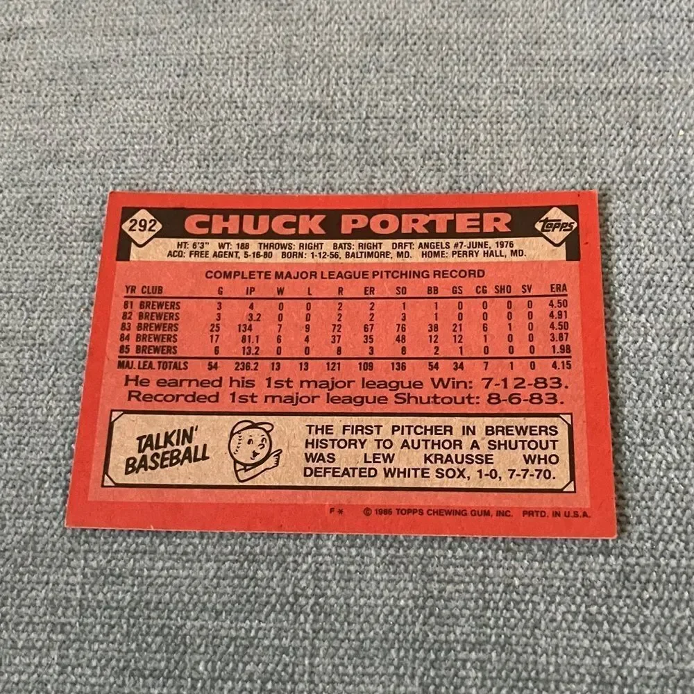 1986 Topps Milwaukee Brewers Baseball Card Trading Card